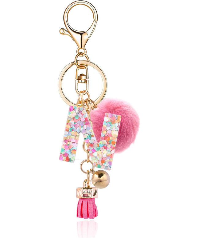 Resin Alphabet Initial Letter Keychain Keyring for Women Purse Handbags With Fur Ball Pom