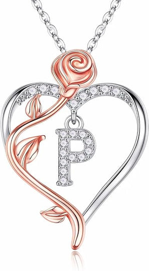 Iefil Christmas Gifts for Women Wife - 925 Sterling Silver Rose Heart Initial Necklace, Anniversary Birthday Gifts for Women, Jewelry Gift for Her Wife Girlfriend Mom Daughter