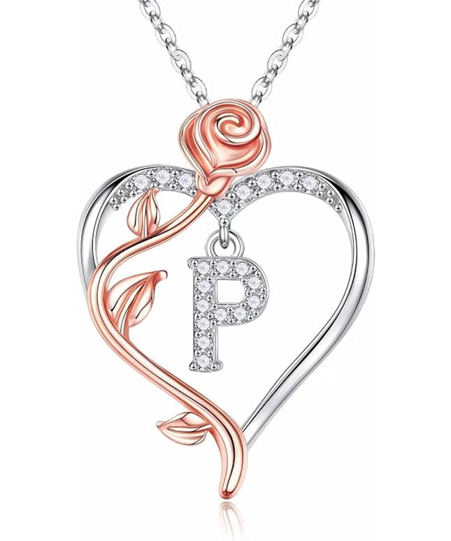Iefil Christmas Gifts for Women Wife - 925 Sterling Silver Rose Heart Initial Necklace, Anniversary Birthday Gifts for Women, Jewelry Gift for Her Wife Girlfriend Mom Daughter