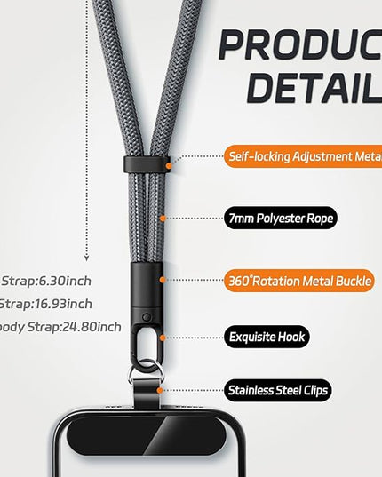 3 Pack Phone Lanyard,1×Phone crossbody strap,1×Phone Neck Strap,1×Wrist Strap,3×Tether Tabs,Universal Cell Phone Multifuctional Patch Polyester Lanyards(Grey)