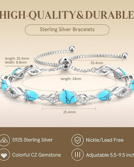 FANCIME Birthstone Teardrop Tennis Bracelet for Women, Sterling Silver 9x7mm main Gemstone Bolo Adjustable Chain Bracelet Fine Jewelry Birthday Gifts for Women Mom Wife Her