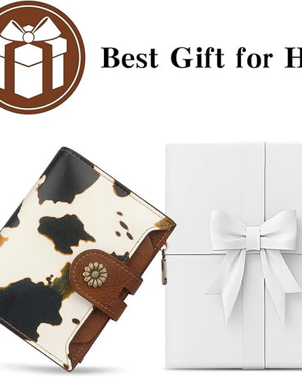 Blucoay Wallet Women,RFID Blocking Leather Womens Wallet Bifold Compact Small Wallet for Women Card Holder with Removable ID Window cowprint brown