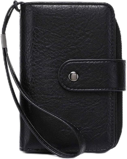 Genuine Leather Women's Wallet with Large Capacity Double Zip Around Design RFID Blocking Credit Card Holder and Wristlet Purse Black (Black)