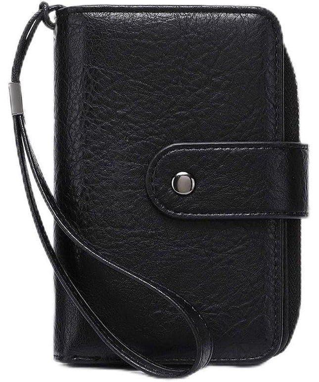 Genuine Leather Women's Wallet with Large Capacity Double Zip Around Design RFID Blocking Credit Card Holder and Wristlet Purse Black (Black)