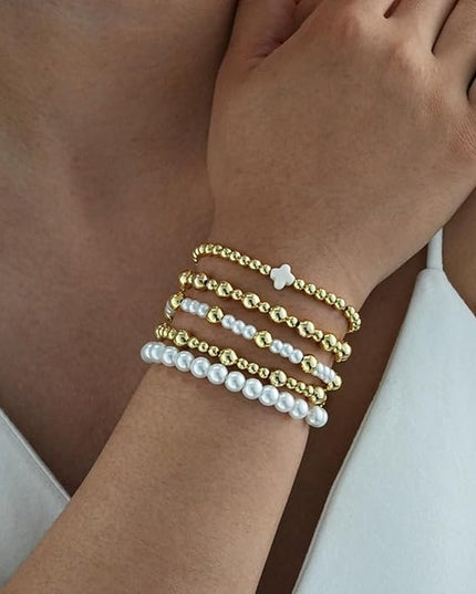 Gold Beaded Bracelets for Women, 14K Real Gold Plated Jewelry for Women Dainty Pearl Bead Bracelets Stack, Non Tarnish Trendy Stackable Ball Cross Stretch Bracelet Set Fashion Accessories Gifts