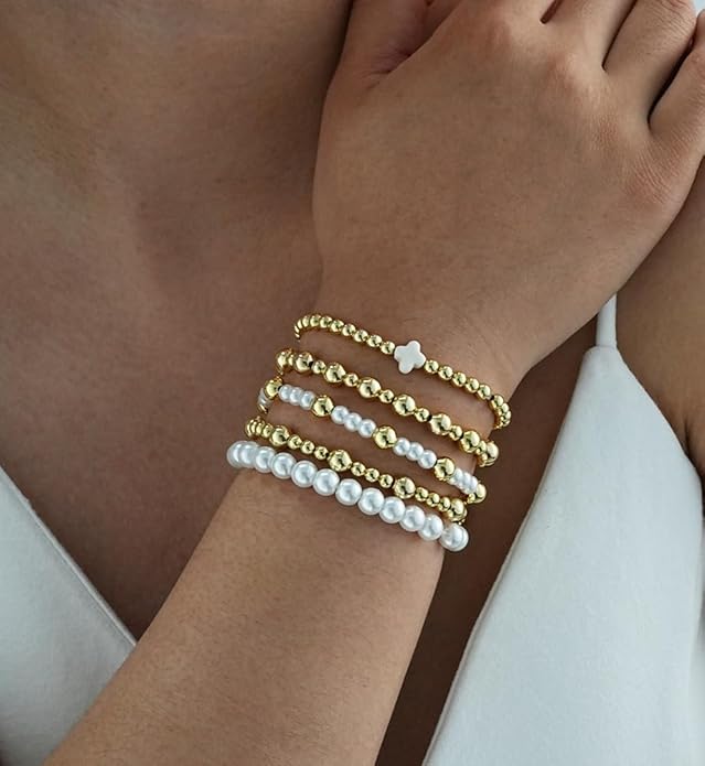 Gold Beaded Bracelets for Women, 14K Real Gold Plated Jewelry for Women Dainty Pearl Bead Bracelets Stack, Non Tarnish Trendy Stackable Ball Cross Stretch Bracelet Set Fashion Accessories Gifts