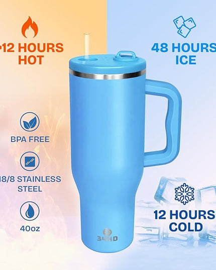 34HD 40 oz Stainless Steel Tumbler - Leakproof Insulated Water Bottle with Handle, Magnetic Lid and Flexible Straw - Iced for 48 Hours – Perfect for Men, Women, Birthday Gift, Blue - Ocean Breeze