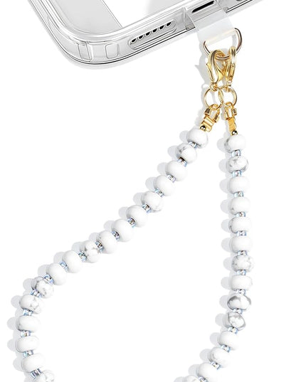 Natural Stone Beaded Phone Wrist Strap for Women – Detachable Chain Wristlet, Durable 304 Stainless Steel Core (Marble-White)