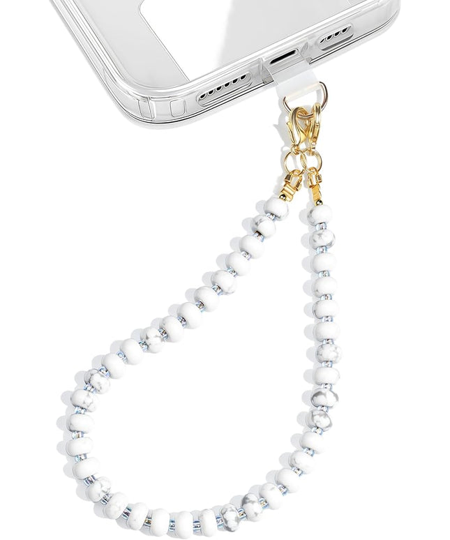 Natural Stone Beaded Phone Wrist Strap for Women – Detachable Chain Wristlet, Durable 304 Stainless Steel Core (Marble-White)