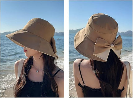 Womens Wide Brim Sun Hats UPF50+ UV Packable Beach Hat Summer Bow Decoration Bucket Cap for Travel