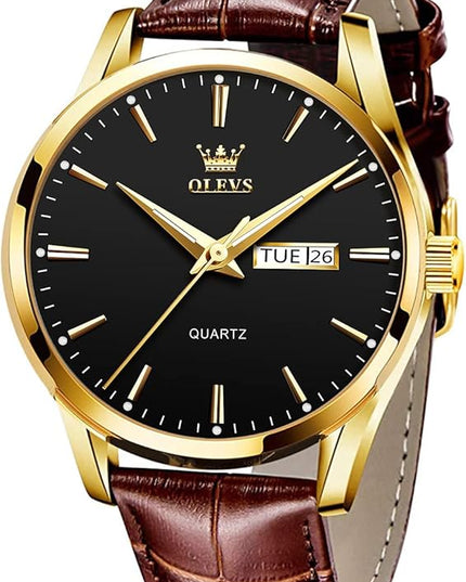 OLEVS Watches for Men Brown Leather Gold Case Analog Quartz Fashion Business Dress Watch Day Date Luminous Waterproof Casual Male Wrist Watches