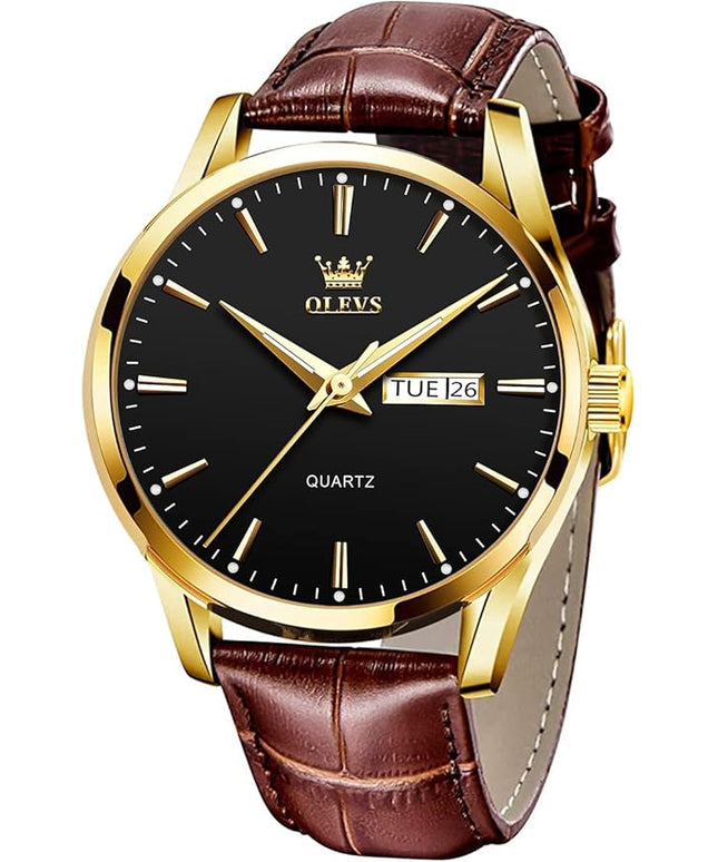 OLEVS Watches for Men Brown Leather Gold Case Analog Quartz Fashion Business Dress Watch Day Date Luminous Waterproof Casual Male Wrist Watches