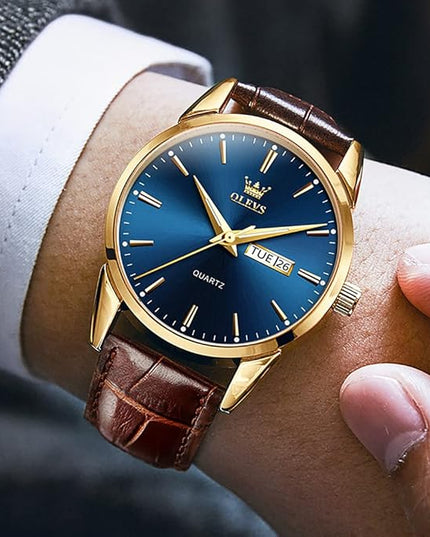 OLEVS Watches for Men Brown Leather Gold Case Analog Quartz Fashion Business Dress Watch Day Date Luminous Waterproof Casual Male Wrist Watches
