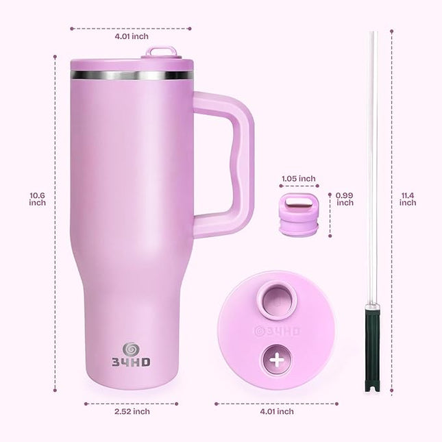 34HD 40 oz Stainless Steel Tumbler - Leakproof Insulated Water Bottle with Handle, Magnetic Lid and Flexible Straw - Iced for 48 Hours – Perfect for Men, Women, Birthday Gift, Pink - Blush Petal