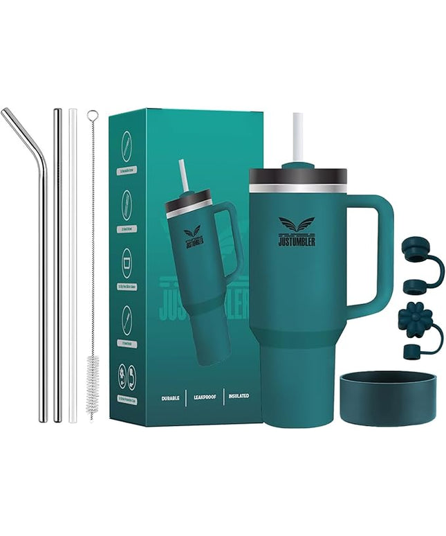 40 Oz Insulated Tumbler with Handle and Straw, Stainless Steel Coffee Travel Mug with Lid, Leak Proof Water Bottle with Accessories, Blue Spruce