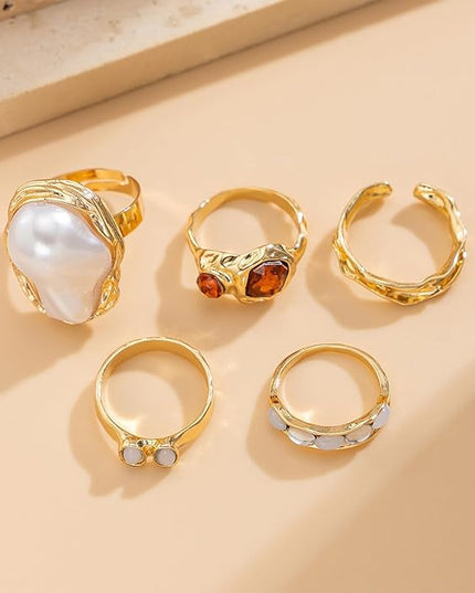 Chunky Gold Rings for Women Non Tarnish Statement Flower Ring Baroque Pearl Stackable Rings Set 6Pcs Chunky Jewelry