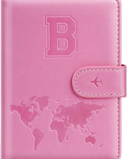 Passport Holder Cover Initail Letter A-Z Travel Wallet Embossed Design RFID Blocking Card Holder Personalized Gift Passport Cover Wallet, Passport Book Holders for Women and Girls, Pink-B