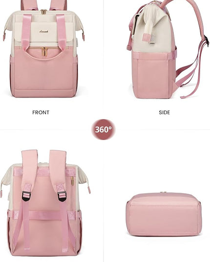 LOVEVOOK Laptop Backpack for Women, 15.6 Inch Work Laptop Bag with USB Port, Fashion Teacher Nurse Backpack Purse, Waterproof Travel Computer Backpack with Organizer Bag, 2PCS, Beige-Pink
