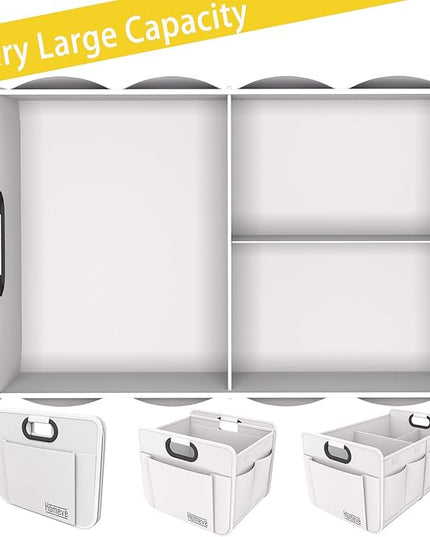 Homeve Trunk Organizer, Car Storage, Reinforced Handles, Collapsible Multi-Compartment, Foldable, Waterproof, Sturdy, 600D Oxford Polyester For Car, SUV, Mini-Van, White, 2 Compart