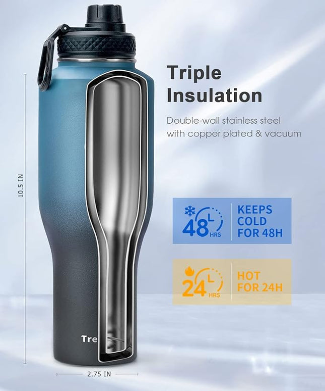 Trebo 40 oz Water Bottle Insulated Fit in Any Car Cup Holder,Triple Wall Vacuum Insulated Water Bottle (Cold for 48 Hrs, Hot for 24 Hrs),Leakproof Stainless Steel Tumbler Flask with Paracord Handle