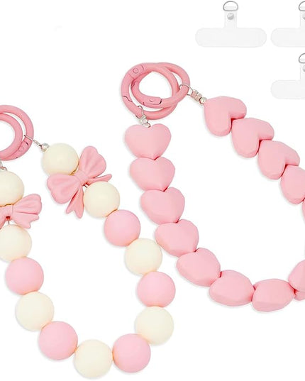 2 Pcs Phone Charm Wrist Strap with Tether Tab, Double Anti Lost Cute Beaded Wrist Lanyard, Detachable Transparent Phone Charms for Bag, Key Chains, Camera Decor