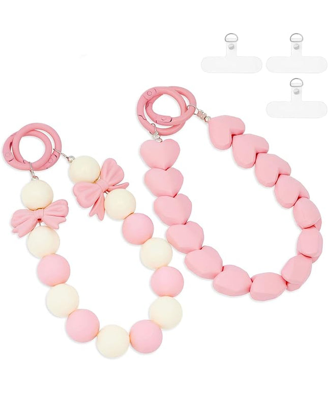 2 Pcs Phone Charm Wrist Strap with Tether Tab, Double Anti Lost Cute Beaded Wrist Lanyard, Detachable Transparent Phone Charms for Bag, Key Chains, Camera Decor