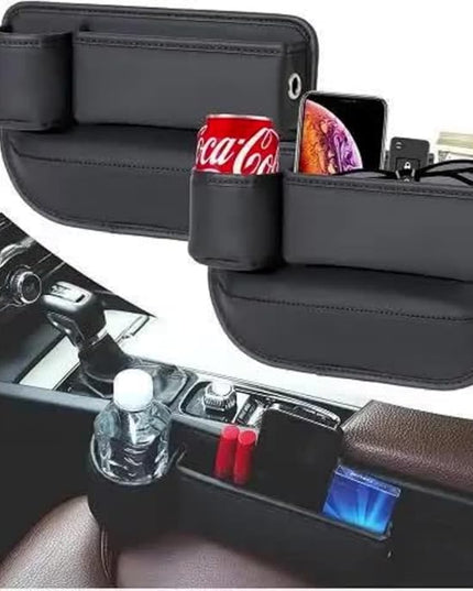 Car Seat Gap Filler Organizer with Cup Holders, Seat Gap Storage Box for Drinks, Phones, Keys, Sunglasses, Cards, and Small Essentials (Black, Driver's + Passenger Seat)