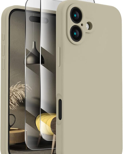 FireNova Designed for iPhone 16 Plus Case, Silicone Upgraded [Camera Protection] Case with [2 Screen Protectors], Soft Anti-Scratch Microfiber Lining Inside, 6.7 inch, Khaki