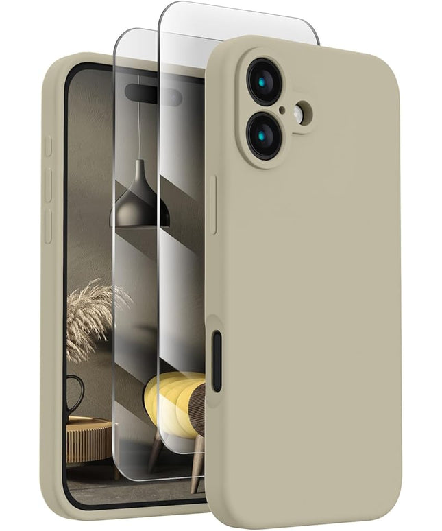 FireNova Designed for iPhone 16 Plus Case, Silicone Upgraded [Camera Protection] Case with [2 Screen Protectors], Soft Anti-Scratch Microfiber Lining Inside, 6.7 inch, Khaki