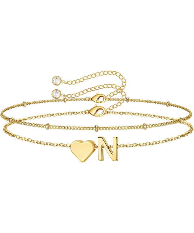M MOOHAM Valentines Day Gifts for Kids Teen Girls -14K-Gold-Plated Heart Initial A-Z Bracelets for Women Girl Dainty Gold Bracelets Birthday Valentines Gifts for Women Her Teenage Girls Kid Teen Gift