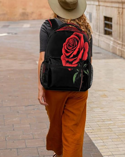 Large Backpack with 15.6 Inch Laptop Compartment, Red Rose Black Adult Backpack for Work, Travel & School College Boys Girls