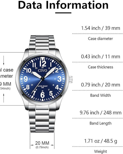 CIVO Analog Wrist Watches for Men: Waterproof Stainless Steel Mens Watches - Silver Watch with Easy Read Dial Men's Watch for Gift