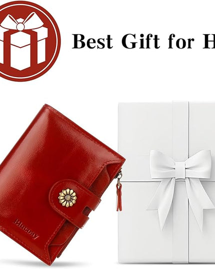 Blucoay Leather Wallet Women,RFID Blocking Womens Wallet Bifold Compact Card Holder Small Wallet for Women with Removable ID Window Winered