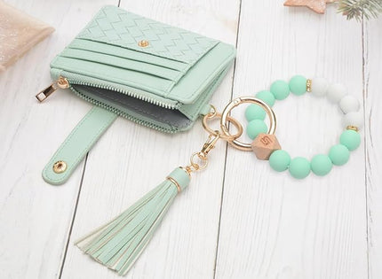 COOLANS Silicone Bracelet Wristlet Wallet Credit Card Holder RFID,ID Window,Key Ring Tassel,Slim Wallet Women Keychain Purse