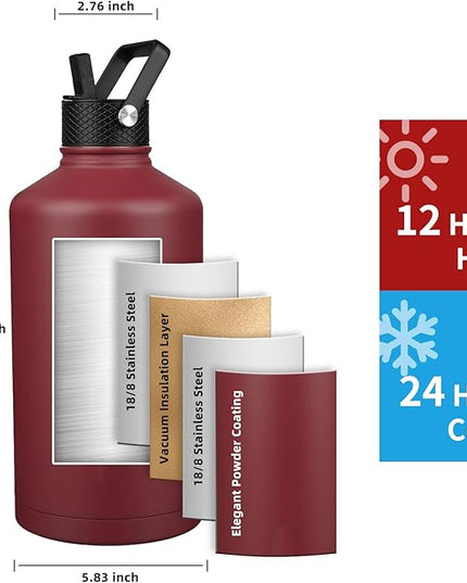 Insulated Water Bottle 128oz,Triple Wall Vacuum Stainless Steel(Dishwasher Safe),Leak Proof & Non-BPA,Flask Jug with Paracord Handle & Straw Spout Lids Sports Red