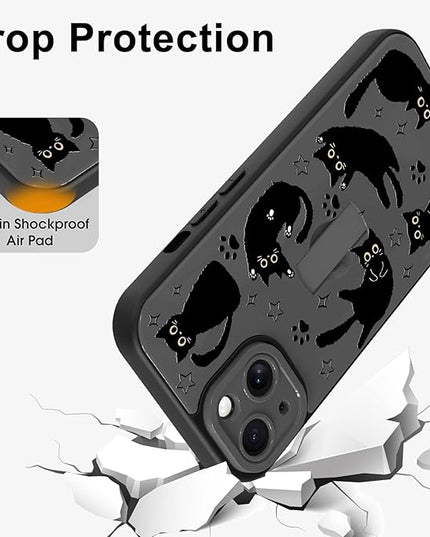Cute Case for iPhone 15 Case with Finger Loop Stand, Kawaii Black Cats Pattern Design for Women Girls Boys, Full Camera Protection Protective Phone Cover with Hand Strap Kickstand