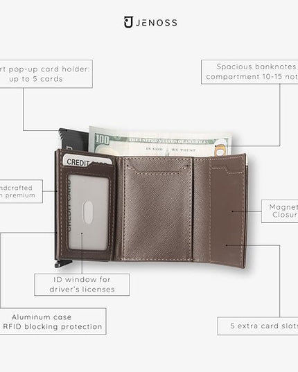 Jenoss Smart Wallet For Men: Full Grain Leather, Handcrafted, Slide Metal Pop Up Case, Slim RFID Blocking Credit Card Holder, Compact 12 Cards Slot Organizers, ID, Money Clip (Brown & Cream)