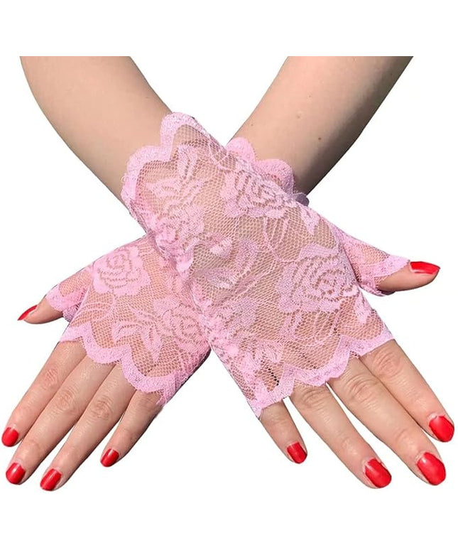Women's Short Lace Gloves Fingerless for Driving Wedding Wrist Length Bridal Prom Gloves