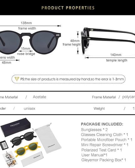 Gleyemor Vintage Polarized Sunglasses for Men Round Sunglasses UV400 Protection Retro Hand-crafted Acetate Frame