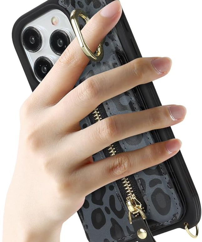 for iPhone 15 Pro Wallet Case with Card Holder, for iPhone 15 Pro Case Wallet with Strap Credit Card Slot, Crossbody Bag with Zipper Case for iPhone15 Pro - Black Leopard