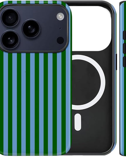 Magnetic for iPhone 17 Pro Max Case Cute Stripes Phone Case, Shockproof Slim TPU and Hard PC Protective Phone Cover Compatible with MagSafe Designed for Women Girls, Green and Blue