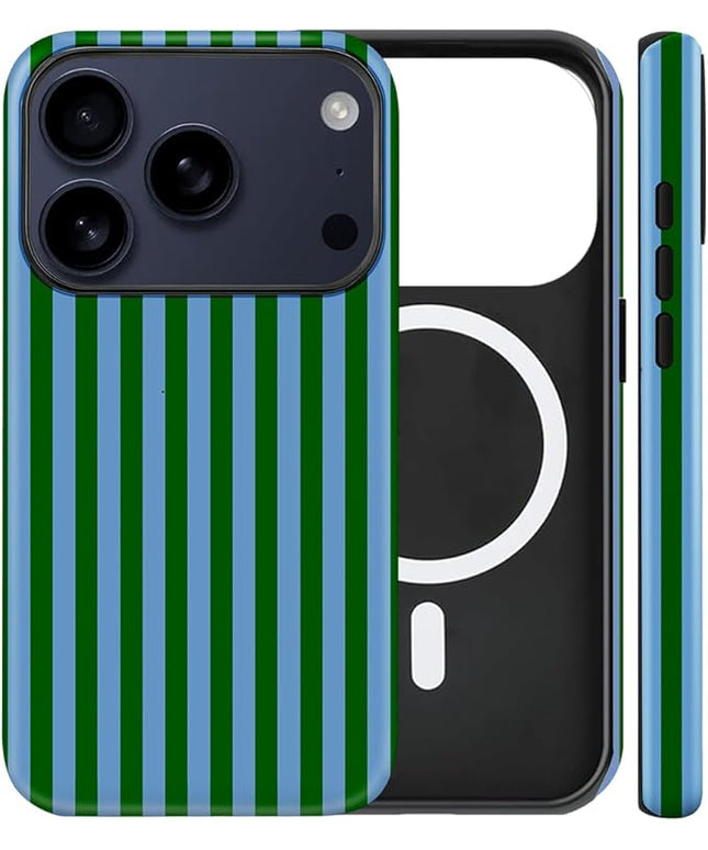 Magnetic for iPhone 17 Pro Max Case Cute Stripes Phone Case, Shockproof Slim TPU and Hard PC Protective Phone Cover Compatible with MagSafe Designed for Women Girls, Green and Blue