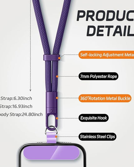 3 Pack Phone Lanyard,1×Phone crossbody strap,1×Phone Neck Strap,1×Wrist Strap,3×Tether Tabs,Universal Cell Phone Multifuctional Patch Polyester Lanyards(Purple)