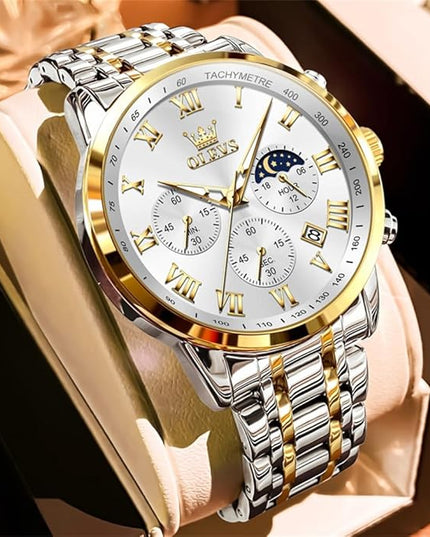 OLEVS Mens Watch Luxury Big Face Stainless Steel Analog Quartz Multifunctional Waterproof Luminous Date Two Tone Fashion Dress Wrist Watches for Man