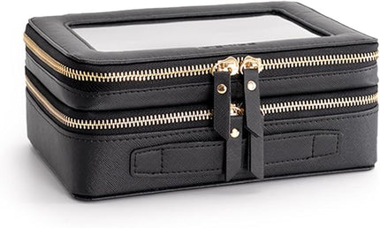 Aveniee XL Clear Makeup Organizer,Double Layer Travel Cosmetic Case with Brush Holder & Zippered Compartments,Big Toiletry Bag for Travel Accessories,2 Layers Large,Black