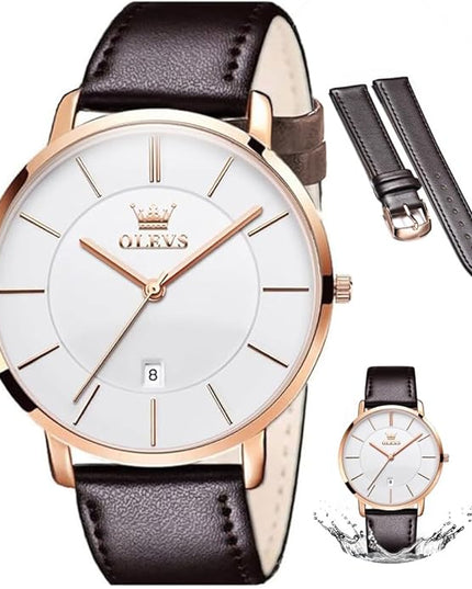 OLEVS Mens Watches Mens Leather Watch Ultra Thin Watches for Men Minimalist Watch with Leather Band Quartz Analog Dress Casual Simple Lightweight relojes para Hombres
