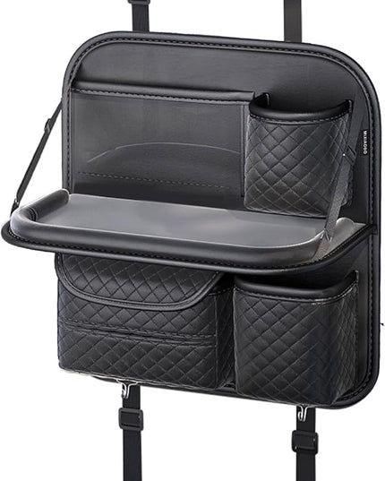 Leather Car Backseat Organizer with Foldable Table Tray - Cup, Tissue, Tablet Holder & Purse Hook, Road Trip Essentials for Car (Black)