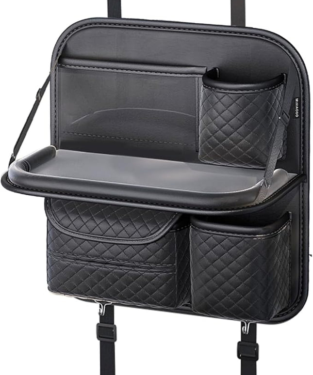 Leather Car Backseat Organizer with Foldable Table Tray - Cup, Tissue, Tablet Holder & Purse Hook, Road Trip Essentials for Car (Black)
