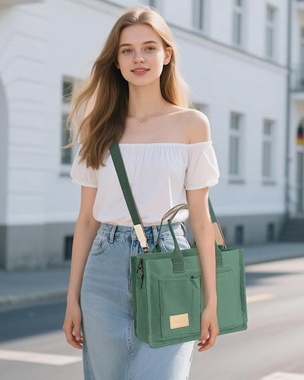 Canvas Tote Bag for Women Crossbody Work Purse with Pockets Top Handle Handbag Satchel Bags for Travel Nurse Teacher