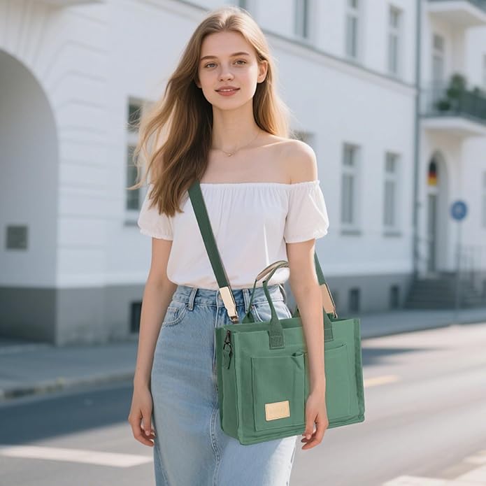 Canvas Tote Bag for Women Crossbody Work Purse with Pockets Top Handle Handbag Satchel Bags for Travel Nurse Teacher